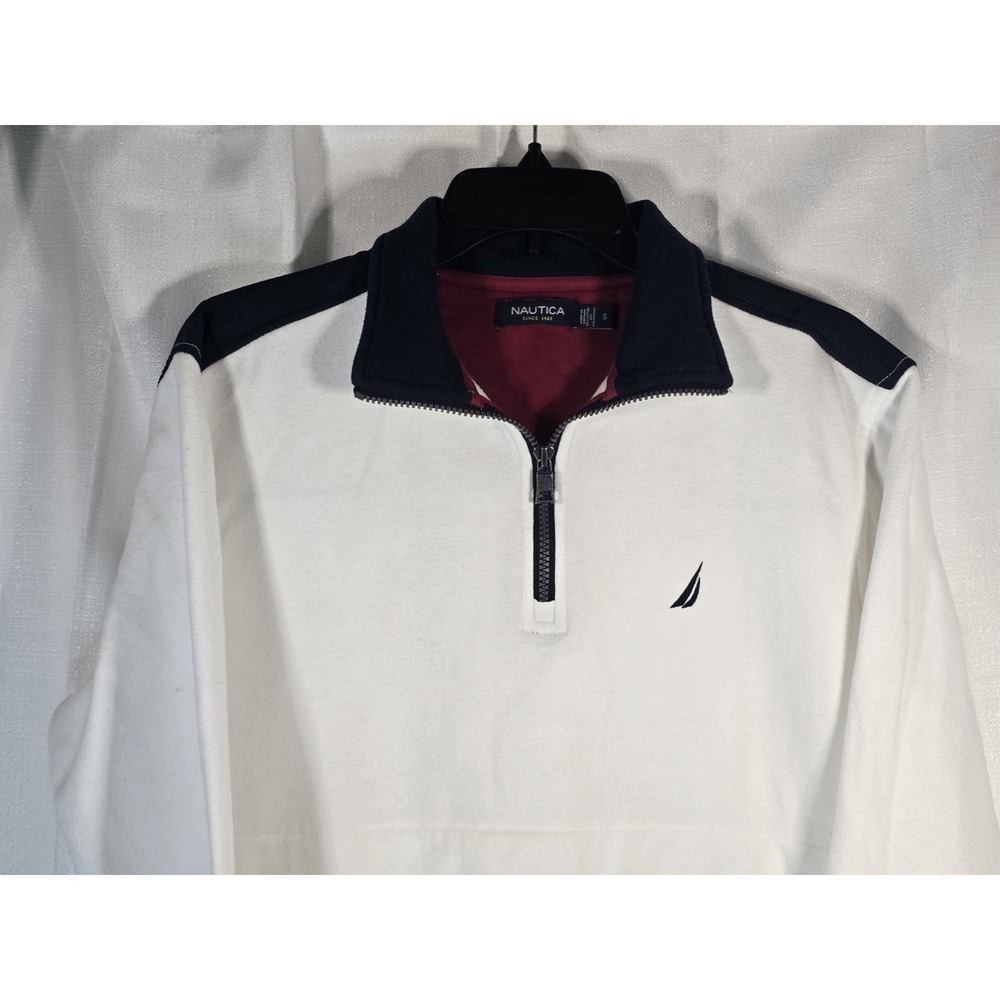 Nautica Mens Quarter Zip Pullover White‎ Navy Colorblock Fleece Sweater Small